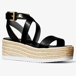 MICHAEL KORS Lowry Platform Wedge Espadrille Sandals In Black Leather/Jute 8 NEW